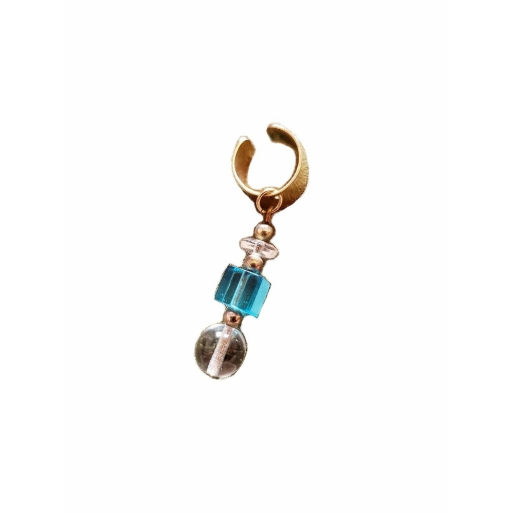 Vtg 70’s Goldtone Translucent Turquoise Clear Gold Crystal Beads Ear Cuff Rare